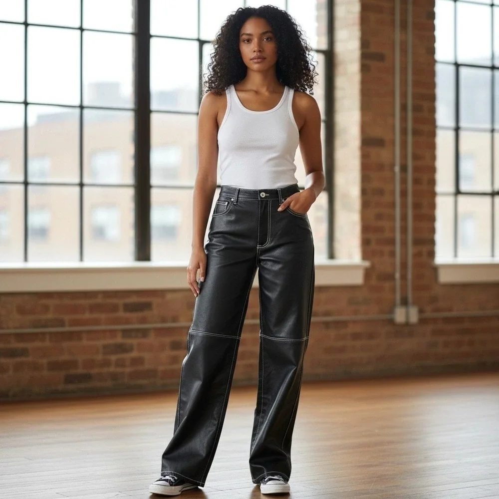 Free People We The Free The It Factor Vegan Leather Pant Button Fly Womens Sz 8